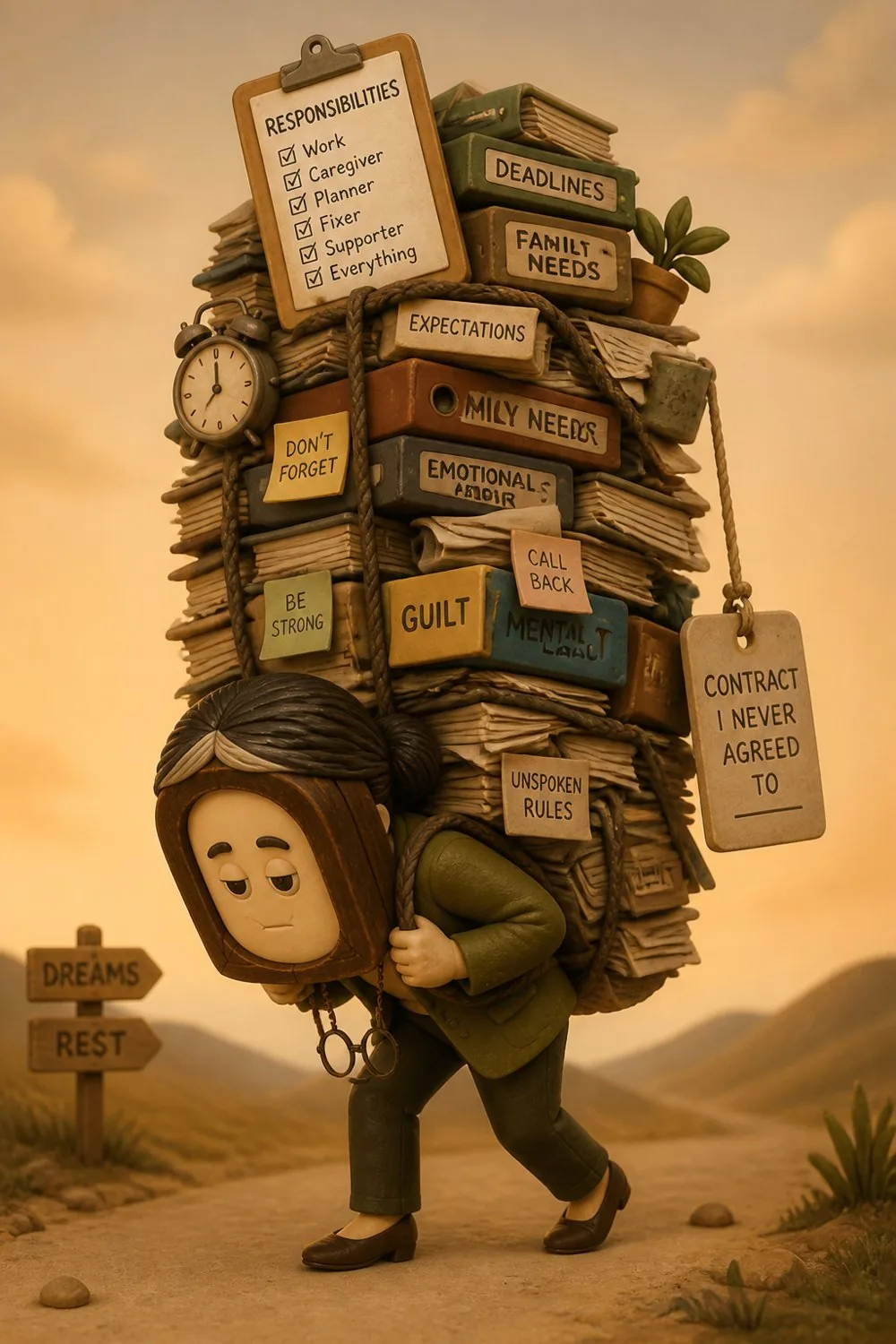Noor carrying an enormous tower of obligations up a hill