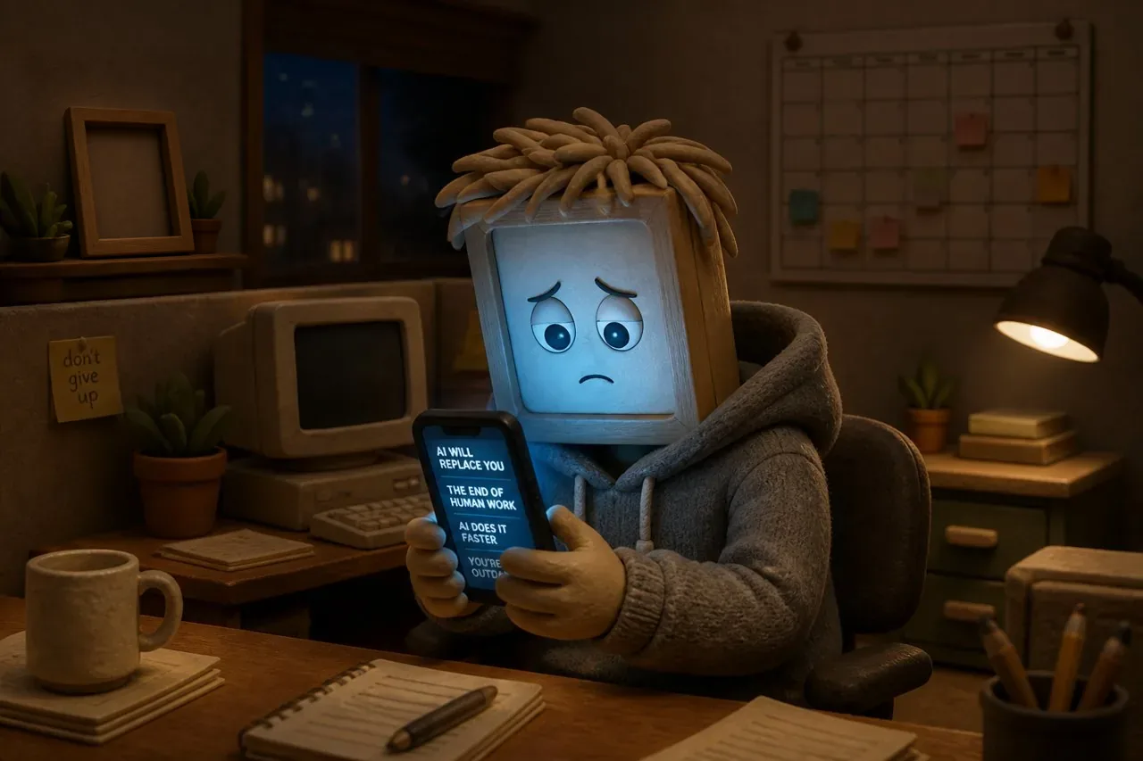 Kip doom-scrolling AI headlines late at night