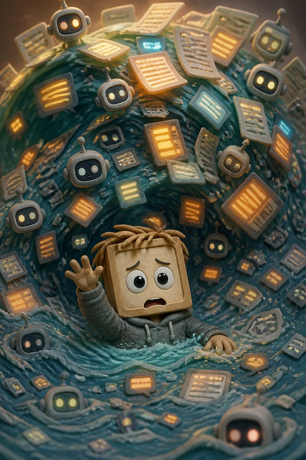 Kip drowning in a flood of scary AI headlines and robot icons