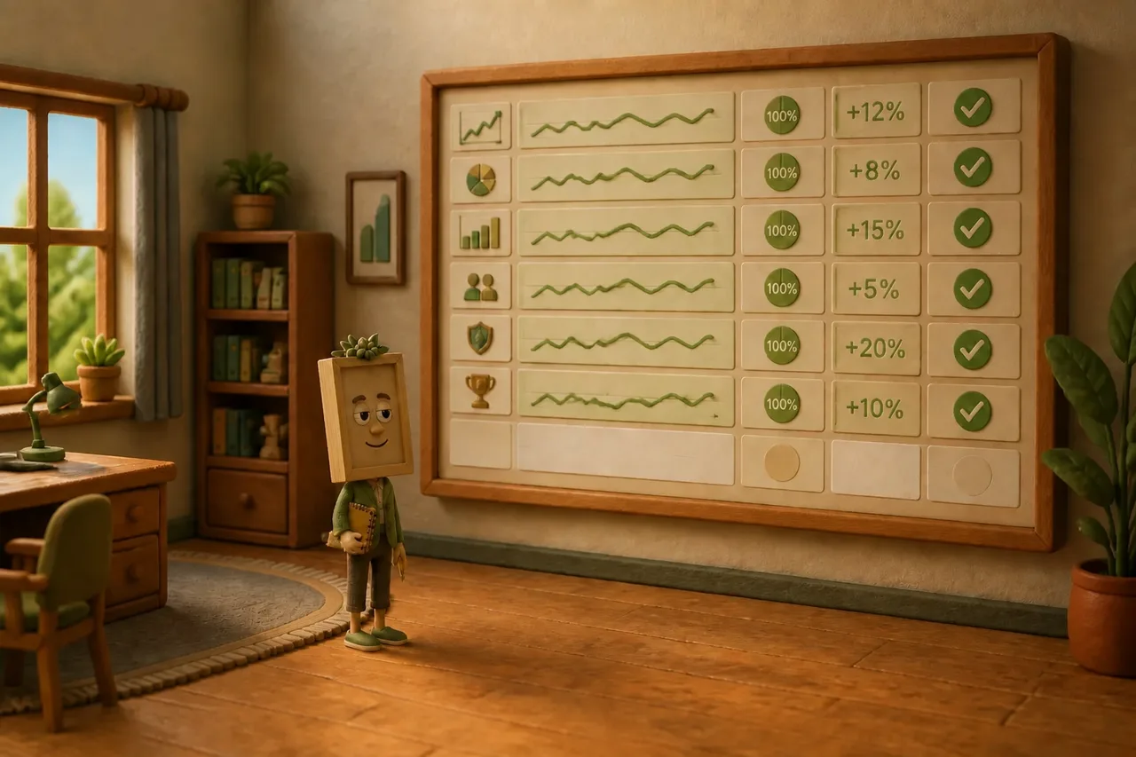 A huge dashboard, every row green except one blank unlabeled row