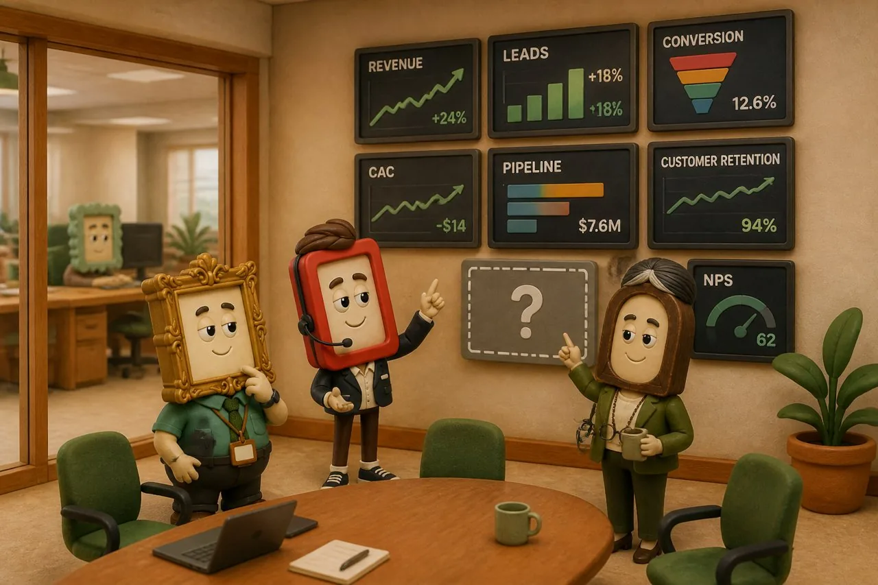 Dash, Marlo and Noor gazing up at a wall of dashboards