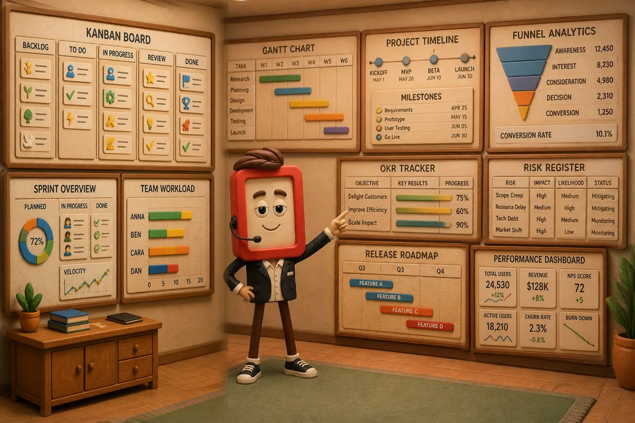 Marlo surrounded by dense, beautiful kanban and Gantt boards