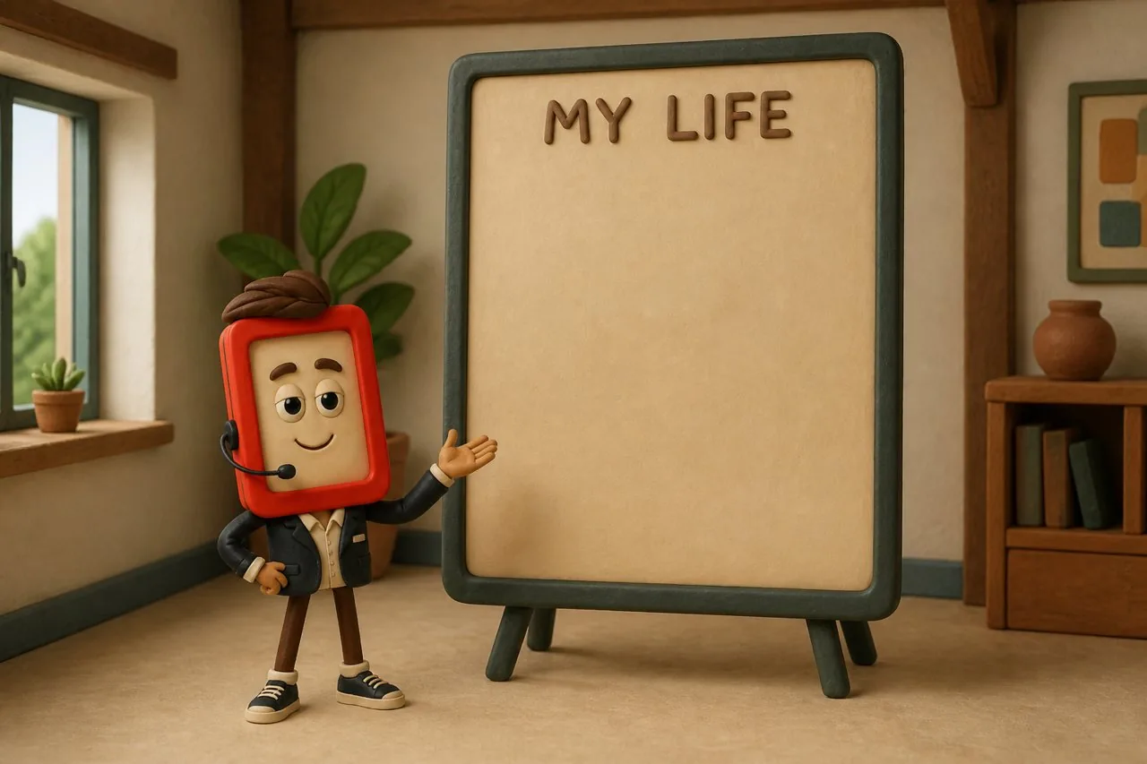 Marlo standing small before a board labeled MY LIFE, completely empty
