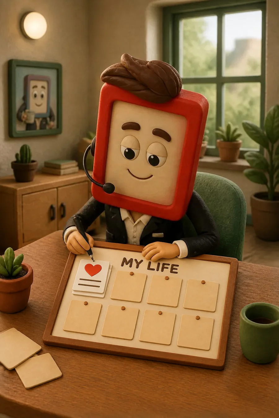 Marlo writing the first real card onto her once-blank life board