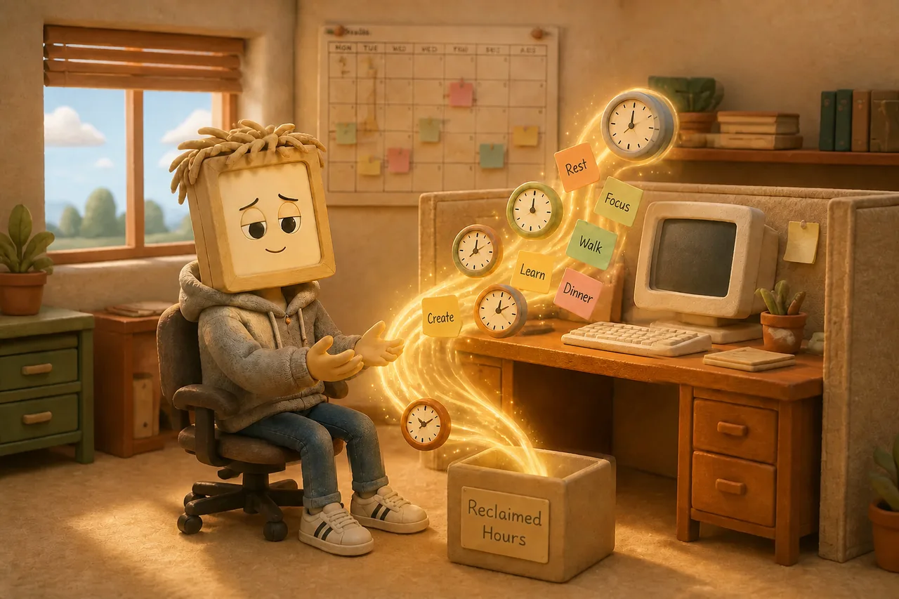 Kip watching reclaimed hours flow back as soft glowing light