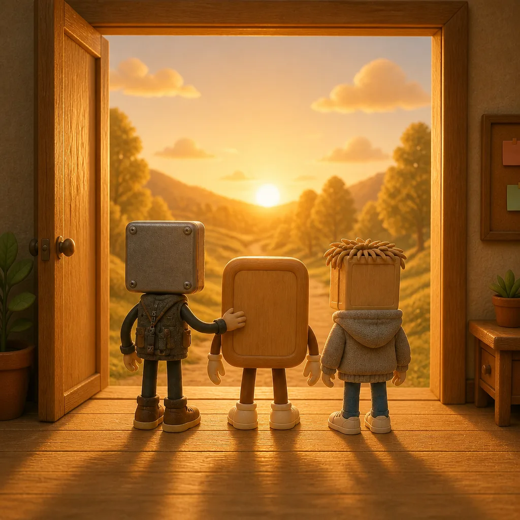 The cast seen from behind in an open doorway, looking out toward a golden sunset